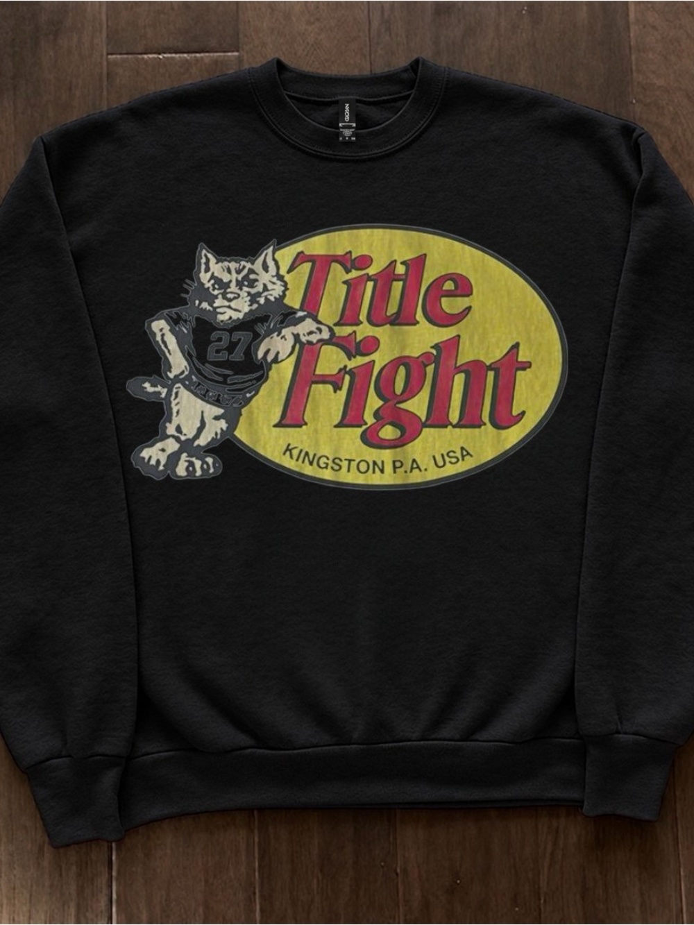 Gildan Black Sweatshirt with Yellow Oval and Red 'Title Fight' Cat Graphic